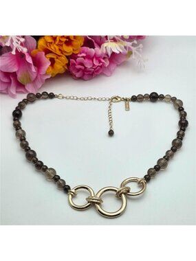 WHBM Smoky Glass Bead Necklace Gold Tone Ring Link Center 21” Adj
